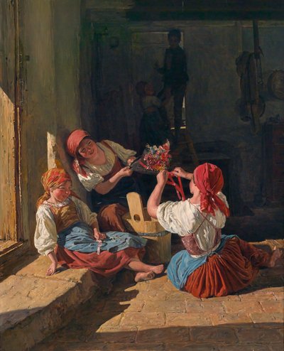 Barn som dekorerar en värnpliktig hatt, 1854 av Ferdinand Georg Waldmuller