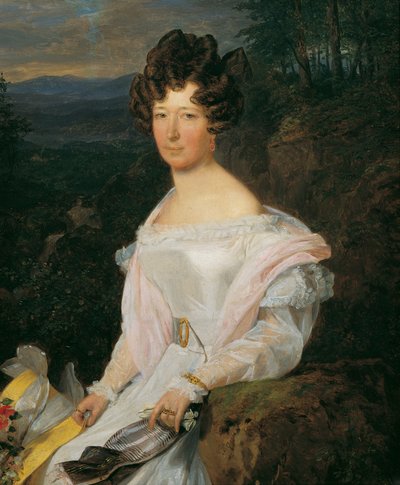 Dam i vit klänning framför ett landskap i Wienerskogen av Ferdinand Georg Waldmuller