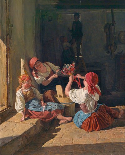 Barn som dekorerar en värnpliktigs hatt. Målning av Ferdinand Georg Waldmuller (1793-1865), olja på trä av Ferdinand Georg Waldmuller