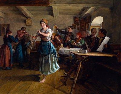Invigningsdansen. Scen på ett café, servitrisen, som ser glad och barfota ut, skisserar ett danssteg med en tom karaff i handen. Runt henne klirrar kunder i glas som höjer sina muggar öl, till hälsan hos ett par som av Ferdinand Georg Waldmuller
