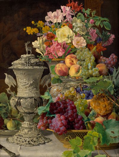 Stilleben med frukt, blommor och en silverbägare av Ferdinand Georg Waldmuller