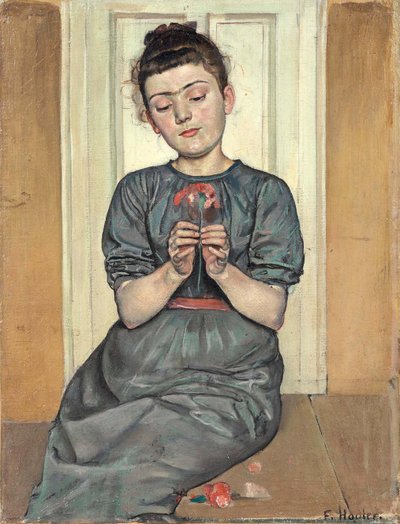 Flicka som arrangerar blommor Flicka med nejlika, ca. 1886 av Ferdinand Hodler