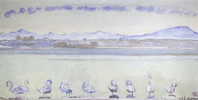 Nio svanar framför ett bergigt landskap; Genèves hamn, med nio svanar, från Quai du Mont Blanc, 1915 av Ferdinand Hodler