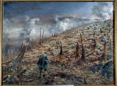 Första världskriget (1914-1918): ”Dödens ravin i Verdun” Landskap av ruiner och aska efter slaget. Målning av Ferdinand Joseph Gueldry (1858-1945) 1916 Paris. Museum för de två världskrigen av Ferdinand Joseph Gueldry