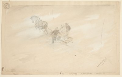 En släde sedd från ovan, dragen av en häst, med två personer sittande och en stående bredvid, allt sett bakifrån av Ferdinand Kjerulf Tranaas