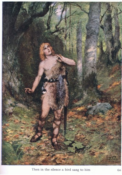 Sedan sjöng en fågel i tystnaden för honom, illustration från The Stories of Wagners Operas pub. av George Harrap & Co Ltd 1932 av Ferdinand Lecke