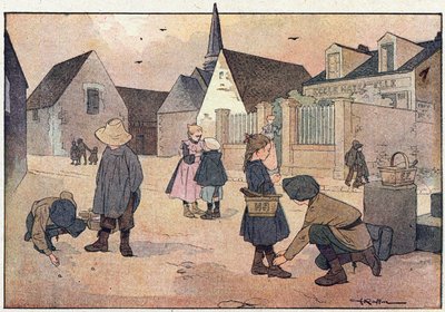 Utanför skolan, i barndomens bilderbok, ca 1900 (gravyr) av Ferdinand Raffin