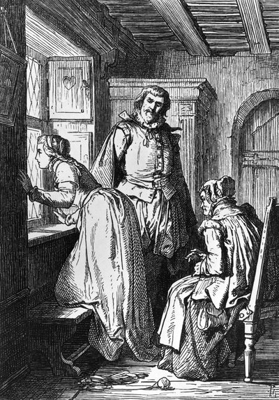 Klaerchen väntar på Egmont, illustration till Egmont, tragedi av Johann Wolfgang von Goethe (1749-1832), träsnitt efter teckning av Ferdinand Rothbart (1823-1899) av Ferdinand Rothbart