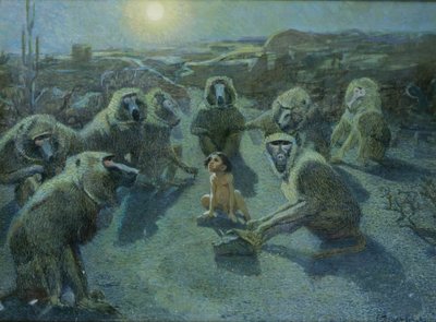Mowgli fångad av apor (olja och bläck på duk) av Ferdinand Schebek