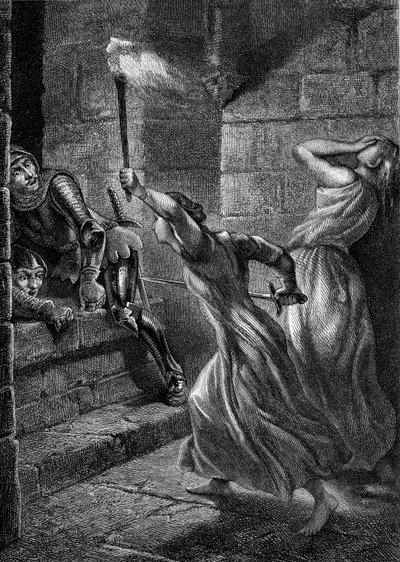Heroism: Julienne Du Guesclin, syster till Bertrand Duguesclin, tog tag i ett svin för att stöta bort engelska soldater som försökte invadera Pontorson Castle. 1300-talet. Gravyr från 1864 av Eugene Delacroix. av Ferdinand Victor Eugene (after) Delacroix