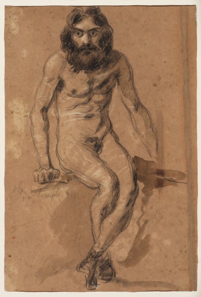 Hästar som springer (recto); naken skäggig man, sittande (verso), ca 1800-1899 (svart och vit krita (recto), svart och vit krita och brun tvätt (verso), på brunt förbehandlat lagt papper) av Ferdinand Victor Eugene (after) Delacroix