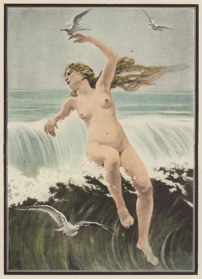 Vågor och måsar (färg litho) av Ferdinand Victor Eugene (after) Delacroix