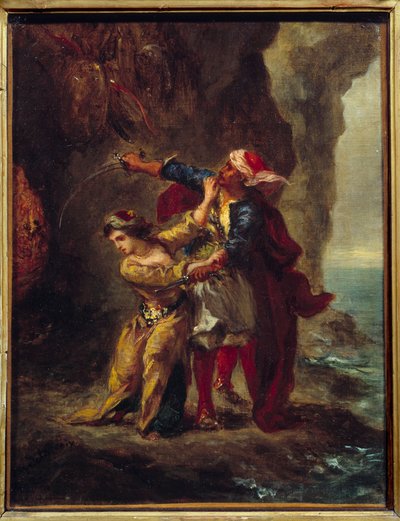 Abydos fästmö. (The Bride of Abydos) Illustration av George Gordon Byrons bok känd som Lord Byron (1788-1824) "The Bride of Abydos", sång II Strophe XXIII. Målning av Eugene Delacroix (1798-1863) av Ferdinand Victor Eugene Delacroix