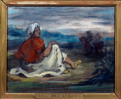 En arab som sitter på landsbygden vid kanten av en väg Pastellmålning av Eugene Delacroix (1798-1863) Privat samling från 1800-talet av Ferdinand Victor Eugene Delacroix