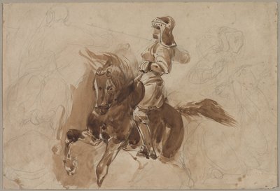 Pansarfigur på hästryggen recto, häst framför en lada verso, ca. 1828. av Ferdinand Victor Eugene Delacroix