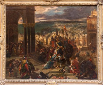 Croises tillfångatagande av Konstantinopel, målning av Eugene Delacroix (1798-1863), som visar den historiska händelsen den 12 april 1204, under det 4:e korståget, reducerad version och variant av målningen av Salongen 1841, beställd av Louis Philippe för av Ferdinand Victor Eugene Delacroix