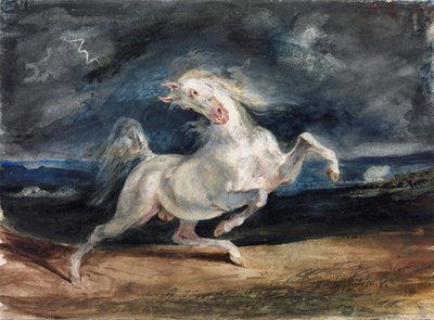 Cheval effraye par la foudre - Häst skrämd av blixten - Delacroix, Eugene (1798-1863) - 1825-1829 - Akvarell, Gouache på papper - 23,6x32 - Szepmuveszeti Muzeum, Budapest av Ferdinand Victor Eugene Delacroix