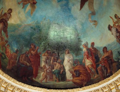 Nedstigning till Limbes: gruppen av berömda: från vänster till höger, Demosthene (sittande), Xenophon, Platon och Sokrates, Aspasie (vit), Apelle, Alexander den store, Aristoteles och Akilles som sitter. Målning av Eugene Delacroix (1798-1863) som dekorera av Ferdinand Victor Eugene Delacroix