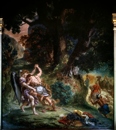 Kampen mellan Jakob och ängeln detalj från 1860: Målning av Eugene Delacroix (1798-1863) Church Saint Sulpice Paris. av Ferdinand Victor Eugene Delacroix