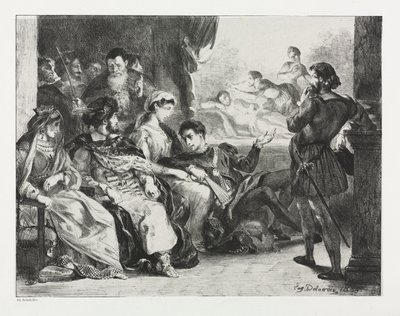 Hamlet: Hamlet beordrar skådespelarna att göra en scen från hans fars förgiftning, 1834. av Ferdinand Victor Eugene Delacroix