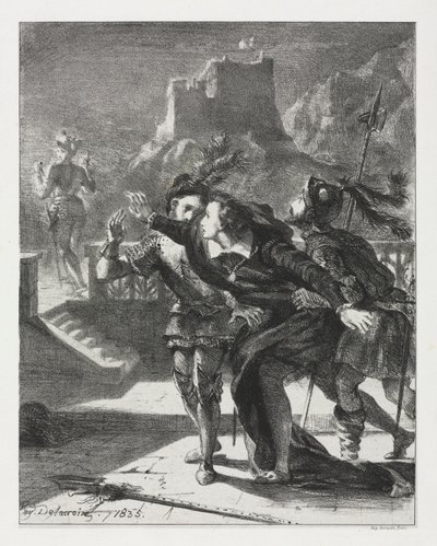 Hamlet: Hamlet skyndar sig att följa sin fars spöke, 1835. av Ferdinand Victor Eugene Delacroix