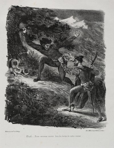 Illustrationer för Faust: Faust och Méphistophélés i bergen i Hartz, 1828. av Ferdinand Victor Eugene Delacroix