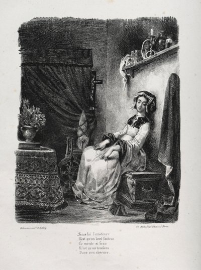 Illustrationer för Faust: Marguerite med hjulet, 1828. av Ferdinand Victor Eugene Delacroix