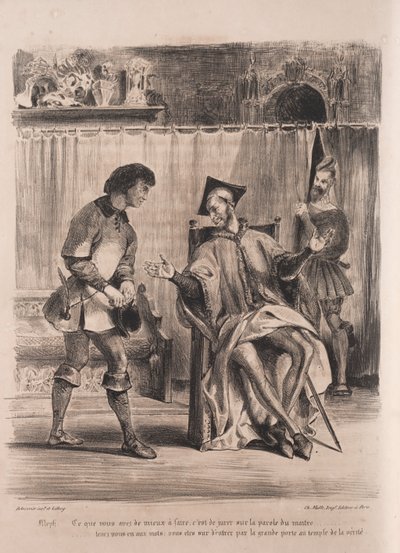 Illustrationer för Faust: Méphistophélé tar emot skolpojken, 1828. av Ferdinand Victor Eugene Delacroix