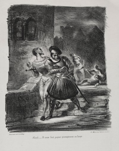 Illustrationer för Faust: Mephistopheles och Faust flyr efter duellen, 1828. av Ferdinand Victor Eugene Delacroix
