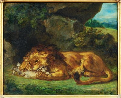 Lejon som slukar en kanin - ett lejon som slukar en hare ... av Ferdinand Victor Eugene Delacroix