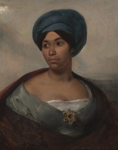 Porträtt av en kvinna i en blå turban, ca 1827 (olja på duk) av Ferdinand Victor Eugene Delacroix