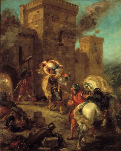 Rebecca lyfte vid Tempelriddaren under väskan av slottet Frondeboeuf. Från Scott Walters bok "Ivanhoe". Målning av Eugene Delacroix (1798-1863) av Ferdinand Victor Eugene Delacroix
