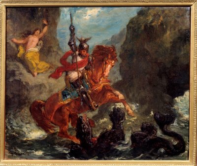 Roger delivrant Angelique (Angelica) levererad till ett monster av pirater befrias av Roger (Ruggero, Ruggiero) rider på en hippogriffe - Illustration till "The Furious Roland"" (Orlando Furioso) av Ludovic Ariosto (Arioste) - Målning av Eugene Delacroix ( av Ferdinand Victor Eugene Delacroix