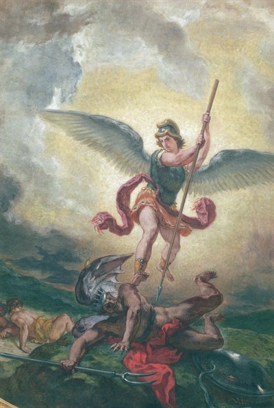 St. Michael slåss mot draken, detalj, chapelle des Saints-Anges 1849-1861 (olja och vax på gips) av Ferdinand Victor Eugene Delacroix