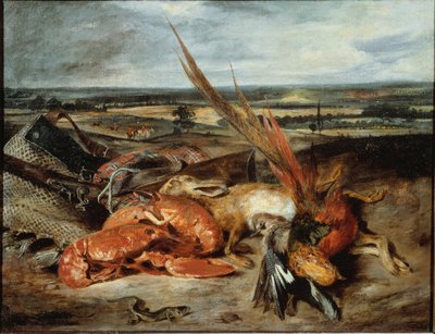 Stilleben med hummer och troféer för jakt och fiske - olja på duk av Ferdinand Victor Eugene Delacroix