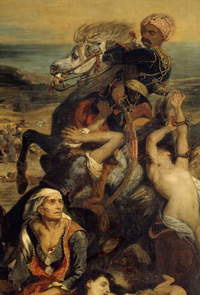 Scio-massakrerna. Scen som skildrar det grekiska självständighetskriget mot ottomanerna: grekiska civila som väntar på död eller slaveri, Detalj. Målning av Eugene Delacroix (1798-1863) av Ferdinand Victor Eugene Delacroix