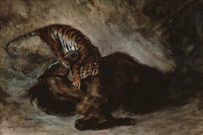Tiger attackerar en häst (wc på papper) av Ferdinand Victor Eugene Delacroix