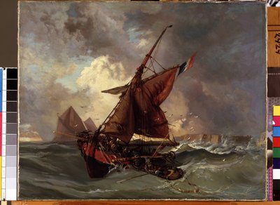 ""Ett skepp i stormen"" (Skepp på stormigt hav) Målning av Eugene Delacroix (1798-1863) 1800-talet Mikalojus Konstantinas Ciurlionis Museum of Fine Arts, Kaunas, Litauen av Ferdinand Victor Eugene Delacroix