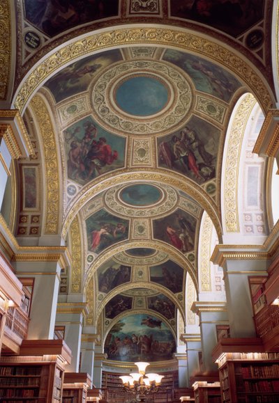 Utsikt över bibliotekstaket med förgylld stuckatur som omger räfflor som illustrerar bibliska och klassiska scener, 1844 av Ferdinand Victor Eugene Delacroix