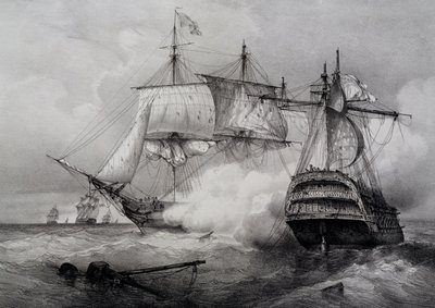 Strid mellan amerikanskt 74-kanonarskepp och brittisk fregatt, litografi av Ferdinand Perrot av Ferdinand Victor Perrot