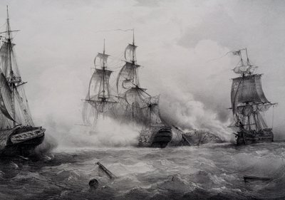 Strid mellan brittiska och amerikanska tredje klassens segelfartyg med 74 kanoner, litografi av Ferdinand Perrot av Ferdinand Victor Perrot
