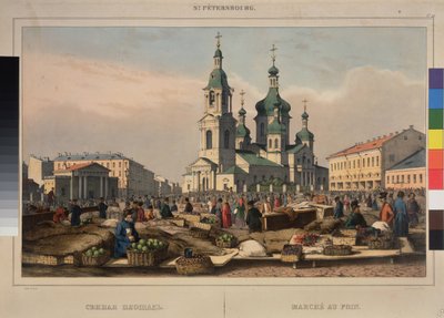 Hay Market och Cathedral of the Assumption of the God Mother, i Sankt Petersburg. Verk av Ferdinand Victor Perrot (1808-1841), litografi och akvarell på papper av Ferdinand Victor Perrot