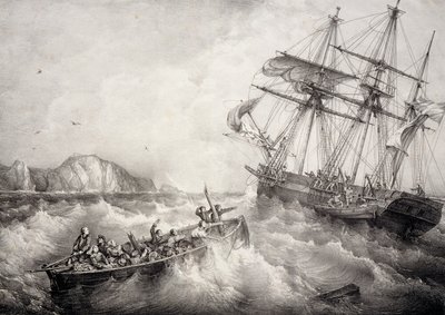 Räddning av besättningen på bretonsk fiskebåt av svenska fartyget Le Neptune, Litografi av Ferdinand Perrot av Ferdinand Victor Perrot