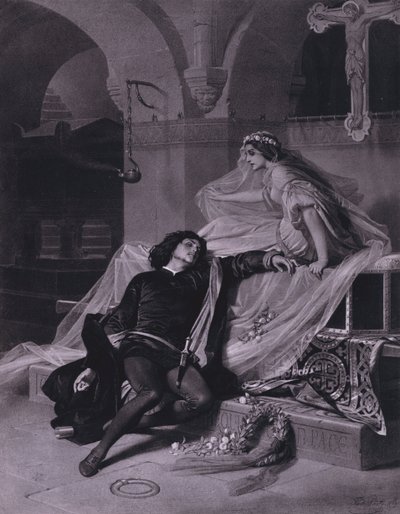 Scen ur Shakespeares Romeo och Julia (akt V, scen 3) (litho) av Ferdinand the Elder Piloty