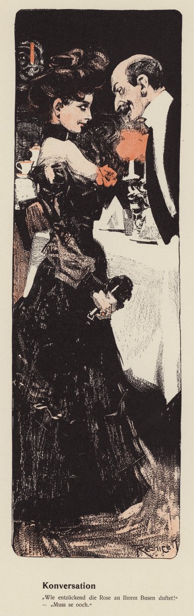 Man chattar med en ung kvinna (färg litho) av Ferdinand von Reznicek