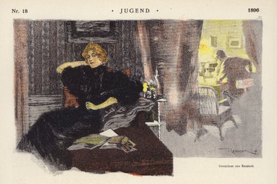 Kvinna hemma på kvällen (färg litho) av Ferdinand von Reznicek