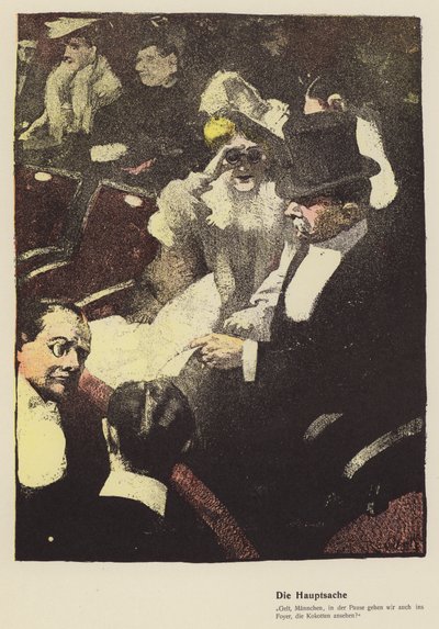 Kvinna som tittar genom ett par operaglasögon på teatern (färg litho) av Ferdinand von Reznicek