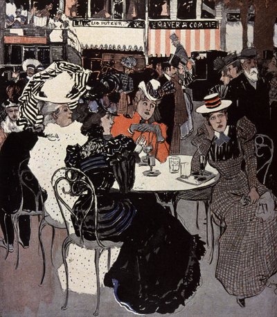Kvinna pratar vid ett bord utanför ett kafé. Illustration av Von Reznicek i: Simplicissimus, Tyskland av Ferdinand von Reznicek
