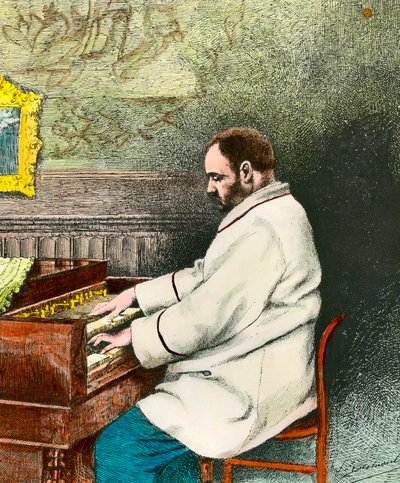 Porträtt av Emile Zola (1840-1902) som spelar orgel. Gravyr av Desmoulin (1800-talet). Coll. Gå ut. av Fernand Desmoulin