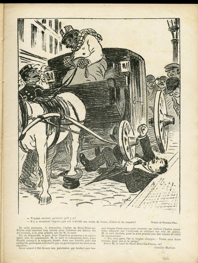 Illustration av Fernand Fau (1858-1919) i Le Rire, 29/02/08 - Metiers, Transport, Katastrofolyckor, Caleche Fiacre Cab - Cochers Fiacres av Fernand Fau